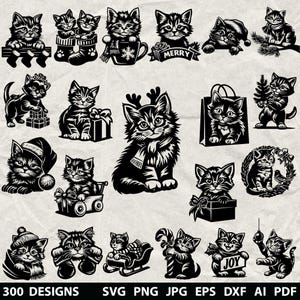 May include: A collection of black and white cat illustrations in various poses, some with holiday themes. Cats are depicted with gifts, in stockings, and wearing hats. The image includes the text "300 DESIGNS" and file type abbreviations.
