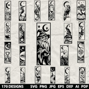 Könnte beinhalten: Eine Sammlung von schwarz-weißen Laser-Cut-Designs mit Fantasy- und Naturmotiven. Designs umfassen einen Zauberer, eine Meerjungfrau, einen Drachen, einen Raben und mehr. Der Text "170 DESIGNS" und Dateityp-Abkürzungen befinden sich unten.