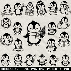 May include: A collection of black and white penguin designs in various poses, some with holiday accessories like hats, gifts, and scarves. The image includes the text "300 DESIGNS" and file type abbreviations.