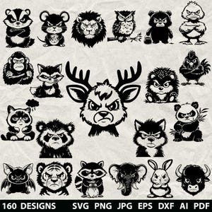 Puede incluir: Una colección de ilustraciones de animales en blanco y negro con expresiones enfadadas. Los diseños incluyen un tejón, un ratón, un león, un búho, un oso, un pato, un gorila, un zorro, un ciervo, un erizo, una gallina, un mapache, un panda, un lobo, un murciélago, un tigre, un elefante, un conejo y un toro. El texto en la parte inferior dice "160 DISEÑOS SVG PNG JPG EPS DXF AI PDF".
