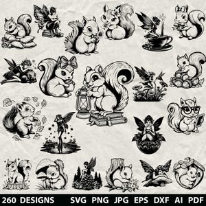 Paquete de 260 ardillas en SVG, DXF, EPS, AI, PDF, JPG, PNG, escala de grises, imagen quemada, corte vectorial, corte de madera CNC, silueta de ardilla Cricut