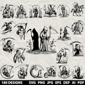 May include: A collection of black and white graphic illustrations featuring grim reapers in various scenes, including riding a motorcycle, skateboarding, holding scythes, and interacting with pumpkins, lighthouses, and dragons. Text reads 180 DESIGNS SVG PNG JPG EPS DXF AI PDF.