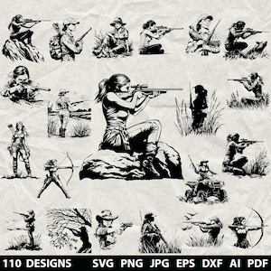110+ Hunter Girl Svg, Dxf, Eps, Ai, Pdf, Jpg, Png Hunter Woman Grayscale Burn Image Cut Vector Cnc Wood Cut Cricut Hunting Scene Silhouette