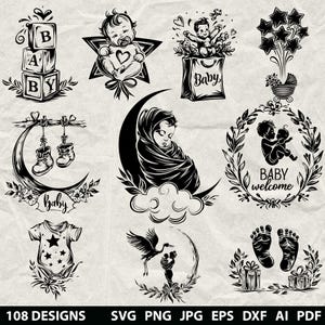 100 Babyshower partij bundel Svg, Dxf, Eps, Ai, Pdf, Jpg, png Baby grijswaarden branden afbeelding gesneden vector houtsnede geboorte Cricut glowforge silhouet