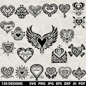Puede incluir: Una colección de 130 diseños de corazones negros en varios estilos, incluyendo patrones ornamentados, florales y geométricos. Algunos corazones presentan alas, anclas y la palabra "Love". La imagen incluye información de tipo de archivo.