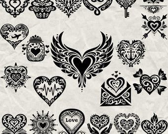 May include: A collection of 130 black heart designs in various styles, including ornate, floral, and geometric patterns. Some hearts feature wings, anchors, and the word "Love". The image includes file type information.
