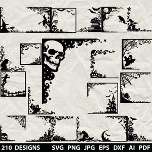 May include: A collection of black Halloween-themed corner designs. The designs include images of witches, bats, skulls, ghosts, spiders, haunted houses, and pumpkins. The text "210 DESIGNS" is at the bottom.