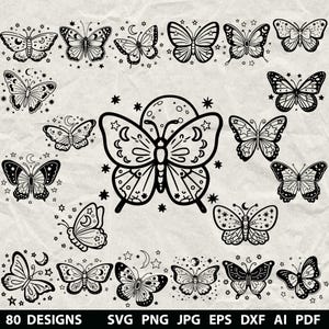 80 himmelska fjärilspaket Svg, Dxf, Eps, Ai, Pdf, Jpg, Png Gråskala Bränn bild Skär vektor CNC träsnitt Cricut mystiska stjärnor siluett