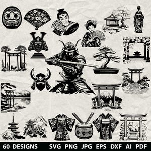 60枚の日本の風景写真バンドル（SVG、DXF、EPS、AI、PDF、JPG、PNG）ガーデングレースケールバーンイメージカットウッドクリカット日本文化シルエット