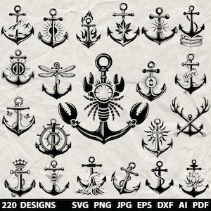 220+ Anker Bundle SVG, Dxf, Eps, Ai, Pdf, Jpg, Png Seil Sommer Graustufen Brennen Bild geschnitten Vektor Cnc Holzschnitt Cricut Boot Anker Silhouette