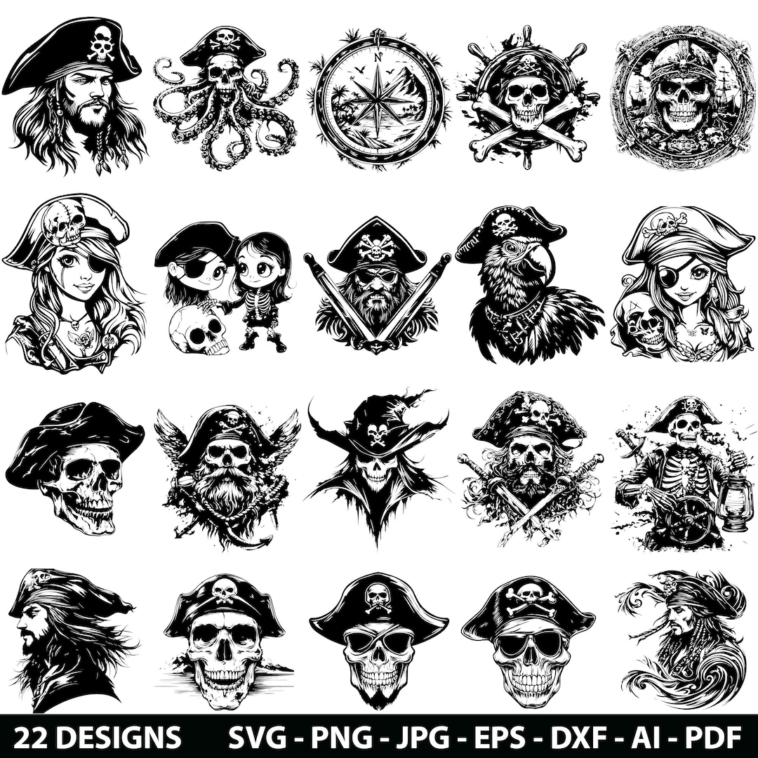 20 Pirate Head Skull Captain Face Skeleton Laser Svg, Dxf, Eps, Ai, Pdf ...