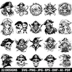 Puede incluir: Una colección de 22 diseños en blanco y negro con temática pirata. Las ilustraciones incluyen calaveras, piratas, brújulas y otros elementos náuticos. Disponibles en formatos SVG, PNG, JPG, EPS, DXF, AI y PDF.