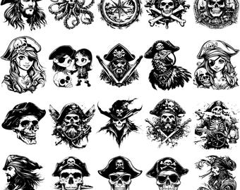 20 pirathuvud, skalle, kapten, ansikte, skelett, laser, svg, dxf, eps, ai, pdf, jpg, png, gråskala, brännbild, vektor, CNC-träsnitt, siluett, Cricut