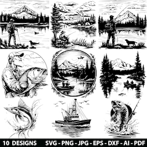 10 Fishing Laser File Svg, Dxf, Eps, Ai, Pdf, Jpg, Png Grayscale Burn Image Cut Vector Black White Cnc Wood Cut File Silhouette Cricut