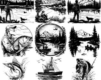 Fichier laser de pêche 10 Svg, Dxf, Eps, Ai, Pdf, Jpg, Png en niveaux de gris gravure image vectorielle noir blanc Cnc coupe bois fichier Silhouette Cricut