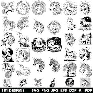 Op de afbeelding: Een verzameling van 181 zwart-witte eenhoornontwerpen. De ontwerpen tonen eenhoorns in verschillende poses, waaronder rennen, staan en liggen. Sommige ontwerpen bevatten bloemmotieven, sterren en andere decoratieve details.