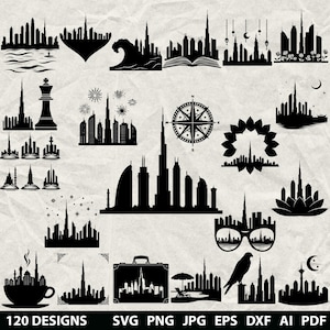 Könnte beinhalten: Eine Sammlung von 120 schwarzen Silhouette-Designs mit Stadtansichten, darunter ikonische Gebäude und Wahrzeichen. Die Designs sind in verschiedenen Formen und Stilen gehalten, mit Text am unteren Rand, der Dateiformate angibt: SVG, PNG, JPG, EPS, DXF, AI und PDF.