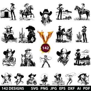 142 Cowgirl Bundle Svg, Dxf, Eps, Ai, Pdf, Jpg, Png Country Western Grayscale Burn Image Cut Vector Cnc Wood Cut Cricut Retro Cowgirl Bundle