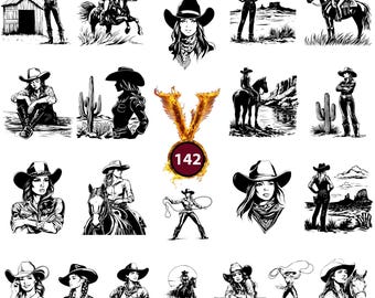 142 lot de cow-girl Svg, Dxf, Eps, Ai, Pdf, Jpg, Png country western en niveaux de gris gravure image vectorielle cnc découpé sur bois Cricut cow-girl rétro
