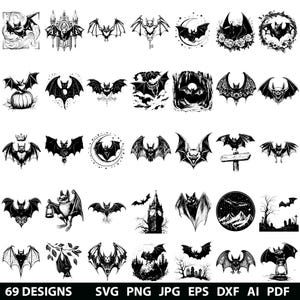 Puede incluir: Un conjunto de 69 diseños de siluetas de murciélagos en blanco y negro. Los murciélagos están en varias poses y posiciones, incluyendo volando, colgando boca abajo y posados en ramas. Los diseños son perfectos para usar en manualidades, scrapbooking y otros proyectos creativos.