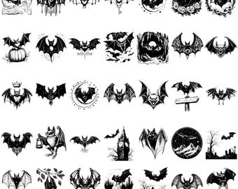 69 Bats Laser Svg, Dxf, Eps, Ai, Pdf, Jpg, Png Vampire Bat Grayscale Burn Halloween Bat Image Cut Vector Cnc Wood Cut Cricut Bat Silhouette