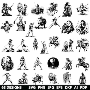 Puede incluir: Una colección de 63 diseños digitales en blanco y negro que presentan mujeres guerreras en varias poses. Algunos diseños incluyen espadas, escudos, caballos y leones. Disponibles en formatos SVG, PNG, JPG, EPS, DXF, AI y PDF.