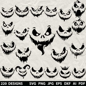 Könnte beinhalten: Eine Sammlung von 20 gruseligen Gesichtsdesigns in Schwarz und Weiß, perfekt für Halloween. Die Designs umfassen verschiedene Ausdrücke mit gezackten Zähnen und bedrohlichen Augen. Der Text "220 DESIGNS" und Dateitypoptionen sind ebenfalls enthalten.