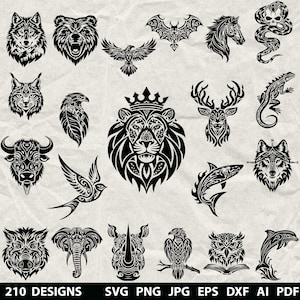 May include: A selection of black and white animal designs, featuring a wolf, bear, eagle, bat, horse, snake, lynx, feather, lion, deer, lizard, bull, swallow, shark, and owl. The image also includes the text "210 DESIGNS" and file type options.