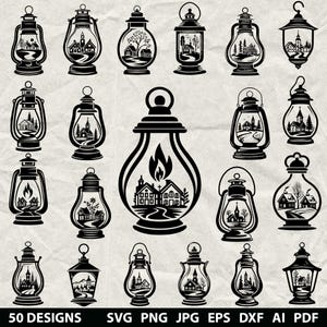 May include: A collection of twenty-two black silhouette lantern designs featuring various landscape scenes with houses, churches, trees, and winding paths. The text at the bottom reads 50 DESIGNS SVG PNG JPG EPS DXF AI PDF.