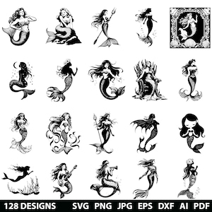 128 Mermaid Svg, Dxf, Eps, Ai, Pdf, Jpg, Png Ocean Animals Grayscale Burn Image Cut Fantasy Fish Vector Cnc Wood Cut Cricut Silhoette