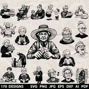 Más de 170 paquetes de abuelas en SVG, DXF, EPS, AI, PDF, JPG y PNG. Abuela en escala de grises, imagen quemada, corte vectorial, archivo de corte de madera CNC, Cricut, silueta de abuela.