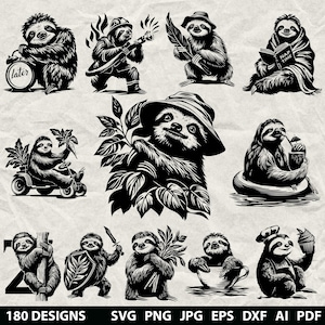 Puede incluir: Ilustraciones en blanco y negro de perezosos en varias poses, incluyendo uno con una manguera de bombero, otro leyendo un libro y uno con un gorro de chef. La imagen incluye el texto "180 DESIGNS" y abreviaturas de tipos de archivo.