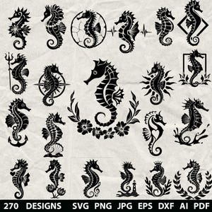 Può includere: Una collezione di 20 disegni di cavallucci marini neri in vari stili. Alcuni cavallucci marini sono circondati da elementi floreali, altri hanno temi nautici. L'immagine include il testo "270 DESIGNS SVG PNG JPG EPS DXF AI PDF".