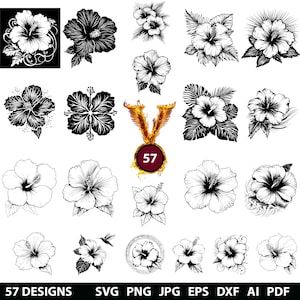 57 Hibiscus Bundle Svg, Dxf, Eps, Ai, Pdf, Jpg, Png Hawaii flower Grayscale Burn Image Cut Vector Wood Cut Cricut Tropical flower Silhouette