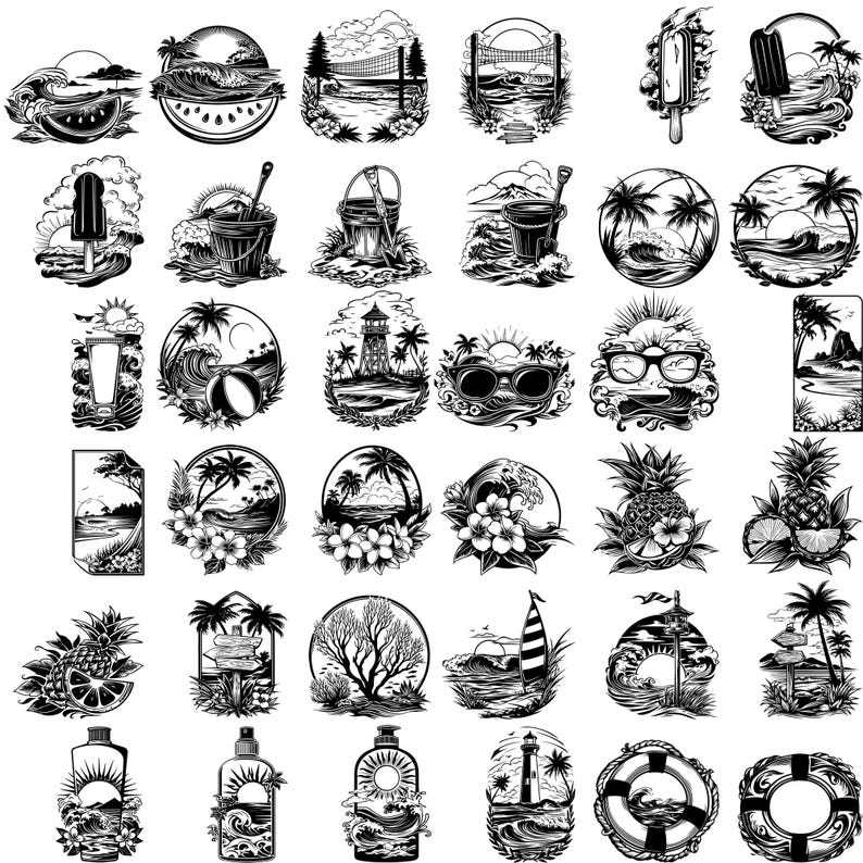 190 Beach Scene Bundle Svg, Dxf, Eps, Ai, Pdf, Jpg, Png Grayscale Burn ...