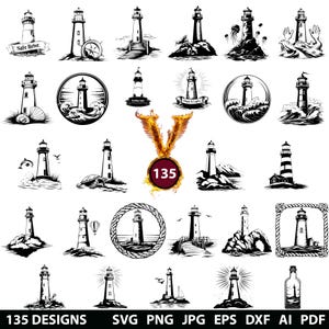 135 Lighthouse Bundle Svg, Dxf, Eps, Ai, Pdf, Jpg, Png Grayscale Burn Image Cut Vector Cnc Wood Cut File Cricut Lighthouse Silhouette