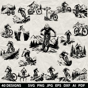 40 mountainbike Svg, dxf, eps, ai, pdf, jpg, png fiets grijswaarden branden afbeelding gesneden vector cnc houtsnede Cricut fietsen silhouet