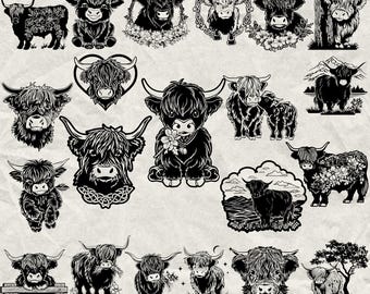 100+ Highland Cow Bundle Svg, Dxf, Eps, Ai, Pdf, Jpg, Png Farm Animal Grayscale Burn Image Cut Vector Cnc Wood Cut Cricut Cow Silhouette