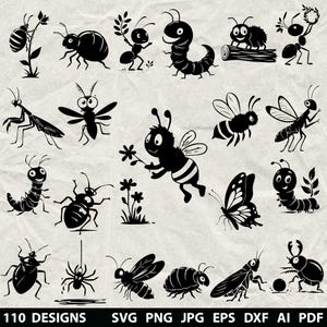 Puede incluir: Una colección de 110 diseños de insectos negros, incluyendo hormigas, abejas, mariposas y orugas. Los insectos están representados en un estilo de dibujos animados, con varias poses y expresiones. La imagen incluye el texto "110 DISEÑOS" y opciones de tipo de archivo.