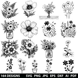 Op de afbeelding: Een set van 16 zwart-witte bloemenillustraties. De illustraties tonen verschillende soorten bloemen, waaronder madeliefjes, klaprozen en wilde bloemen. Sommige van de bloemen staan in vazen, terwijl andere in boeketten zijn. De illustraties zijn perfect voor gebruik in handwerk, scrapbooking of digitaal ontwerp.