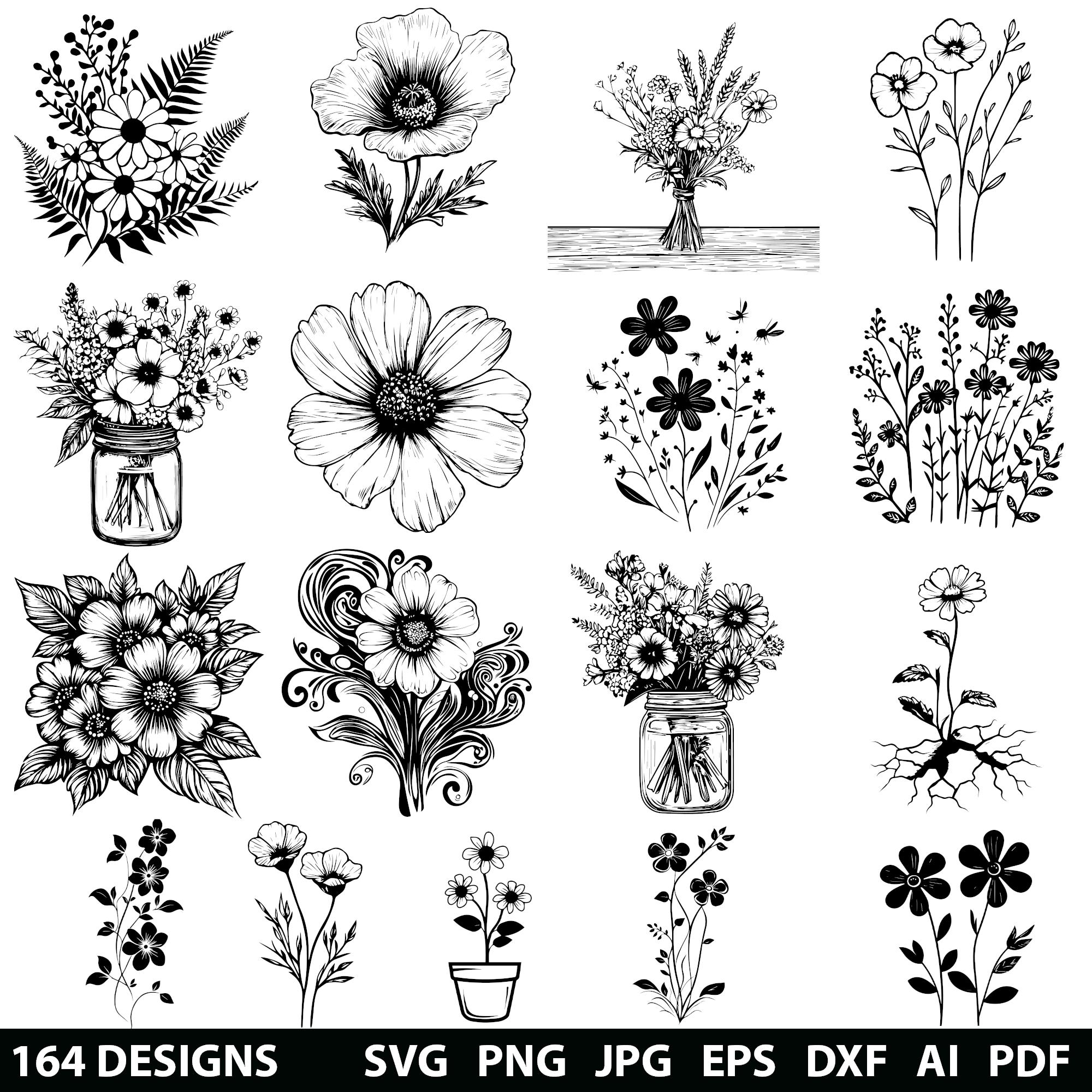 164 Wildflowers Bundle Svg, Dxf, Eps, Ai, Pdf, Jpg, Png Botanical