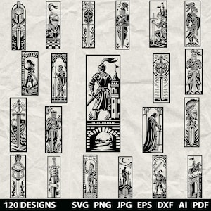 Peut inclure: Ensemble de motifs médiévaux en noir et blanc, représentant des chevaliers, des épées, des casques et des scènes de château. Les images sont de forme rectangulaire verticale, adaptées à divers projets créatifs. Le texte en bas indique "120 DESIGNS SVG PNG JPG EPS DXF AI PDF".