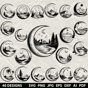 May include: A collection of 40 black and white designs featuring crescent moons with various landscape scenes. The designs include mountains, trees, lakes, and coastal views. The bottom of the image displays file format options.