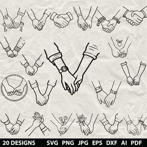 Peut inclure: Une collection de 20 illustrations en noir et blanc de mains se tenant la main dans diverses poses. Certaines mains portent des bracelets, des montres ou tiennent des objets comme des clés et des fleurs. Le texte "20 DESIGNS" et les options de type de fichier sont en bas.
