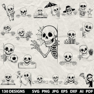 Op de afbeelding: Een verzameling van 130 zwart-wit skeletontwerpen in verschillende poses, met objecten zoals een voetbal, roos en boek. De ontwerpen bevatten een skelet met een bezem, een paraplu en een pompoen. De tekst "130 DESIGNS" is ook opgenomen.