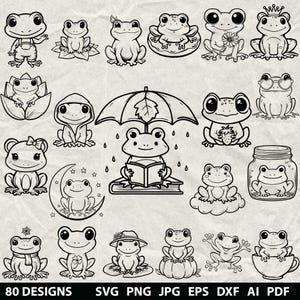 May include: A collection of 20 black and white cartoon frog illustrations in various poses. Frogs are depicted with accessories like glasses, crowns, and umbrellas. The image includes the text "80 DESIGNS" and file type options.