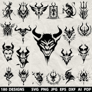 May include: A collection of 180 black devil-themed designs in various styles. The designs include horned faces, demons, tridents, and silhouettes of demonic figures. The image also includes file type information: SVG, PNG, JPG, EPS, DXF, AI, and PDF.