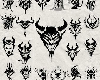 Más de 180 paquetes de diablos en SVG, DXF, EPS, AI, PDF, JPG y PNG. Halloween, escala de grises, imagen quemada, corte vectorial, corte de madera CNC, Cricut, silueta de diablo y demonio.