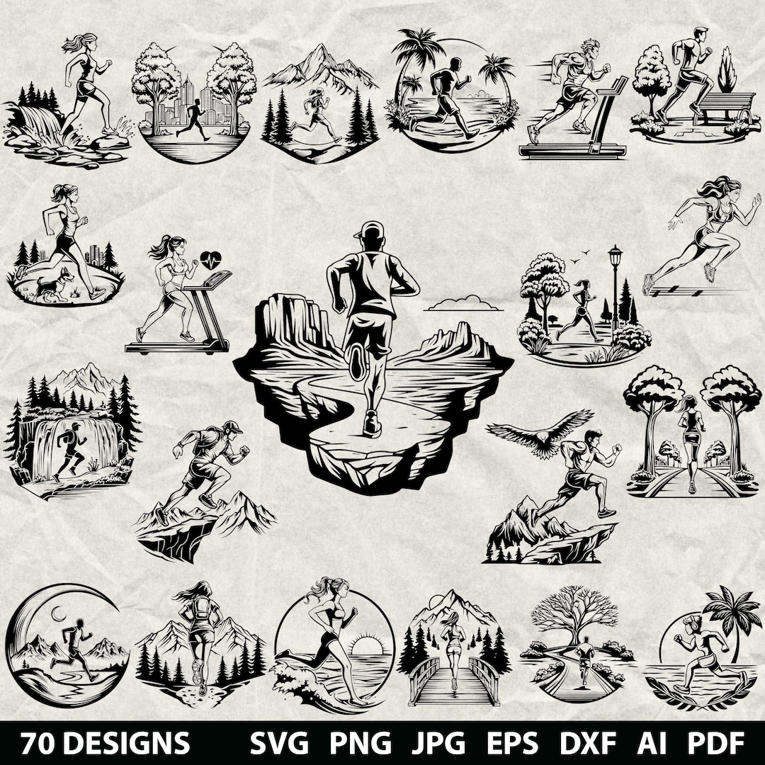 70 Running Bundle Svg, Dxf, Eps, Ai, Pdf, Jpg, Png Grayscale Burn Image ...