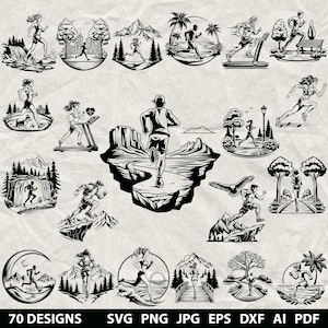 Könnte beinhalten: Schwarz-Weiß-Illustrationen von Läufern in verschiedenen Außenumgebungen, darunter Berge, Strände und Wälder. Das Bild zeigt 70 Designs mit Dateiformaten wie SVG, PNG, JPG, EPS, DXF, AI und PDF.